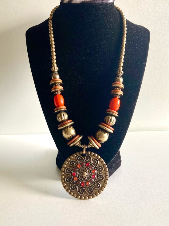 Jewelry - Boho Red and Gold Statement Pendant Necklace